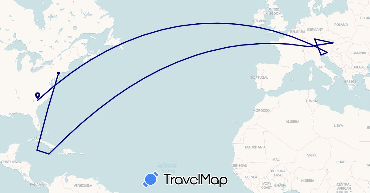 TravelMap itinerary: driving in Austria, Switzerland, Germany, Italy, Jamaica, Cayman Islands, Slovenia, United States (Europe, North America)